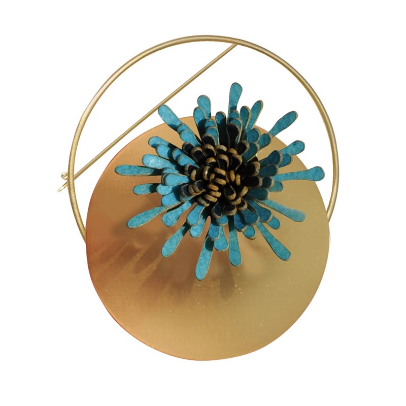Broche Laiton Anneau Capsule et Anémone en Cuir