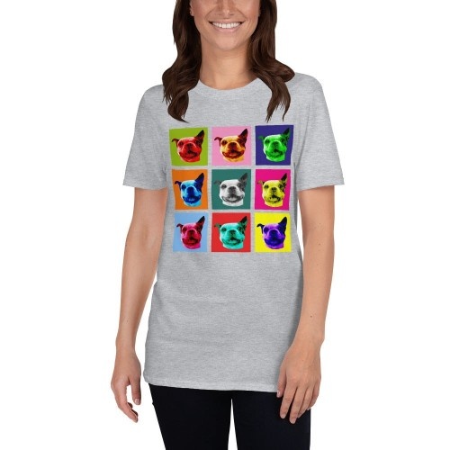 Camiseta feminina Mascochula, estilo Warhol, personalizada com a foto do seu animal de estimação cinza.