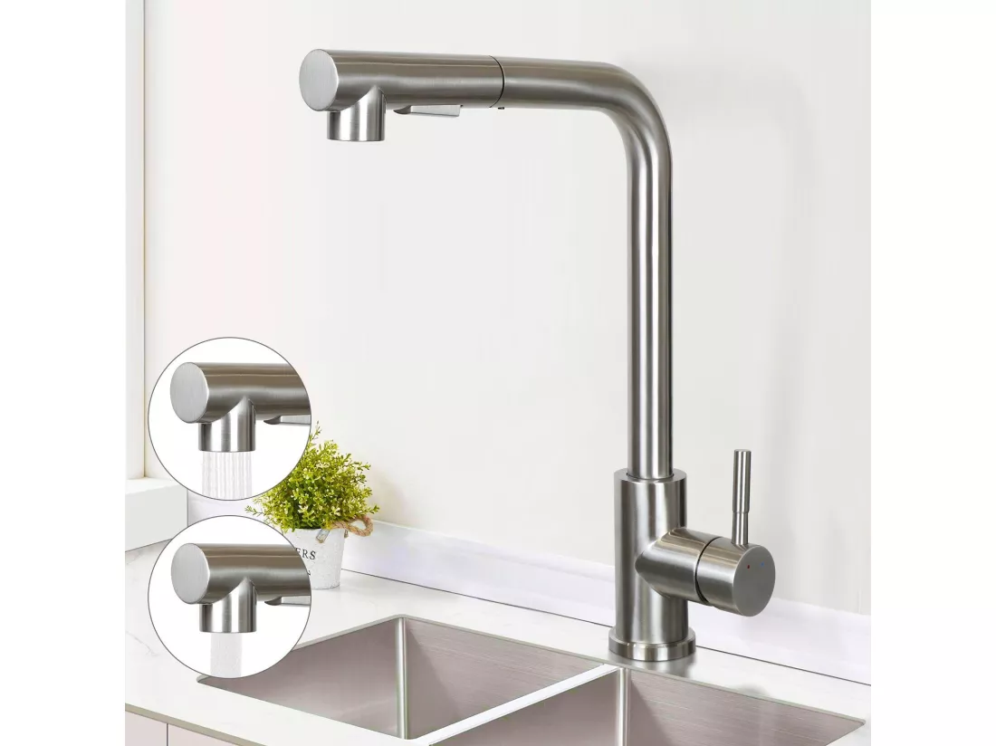 NETTLIFE Robinet de lavabo Robinet d'évier extensible Rotatif à 360° en acier inoxydable avec 2 types de jets