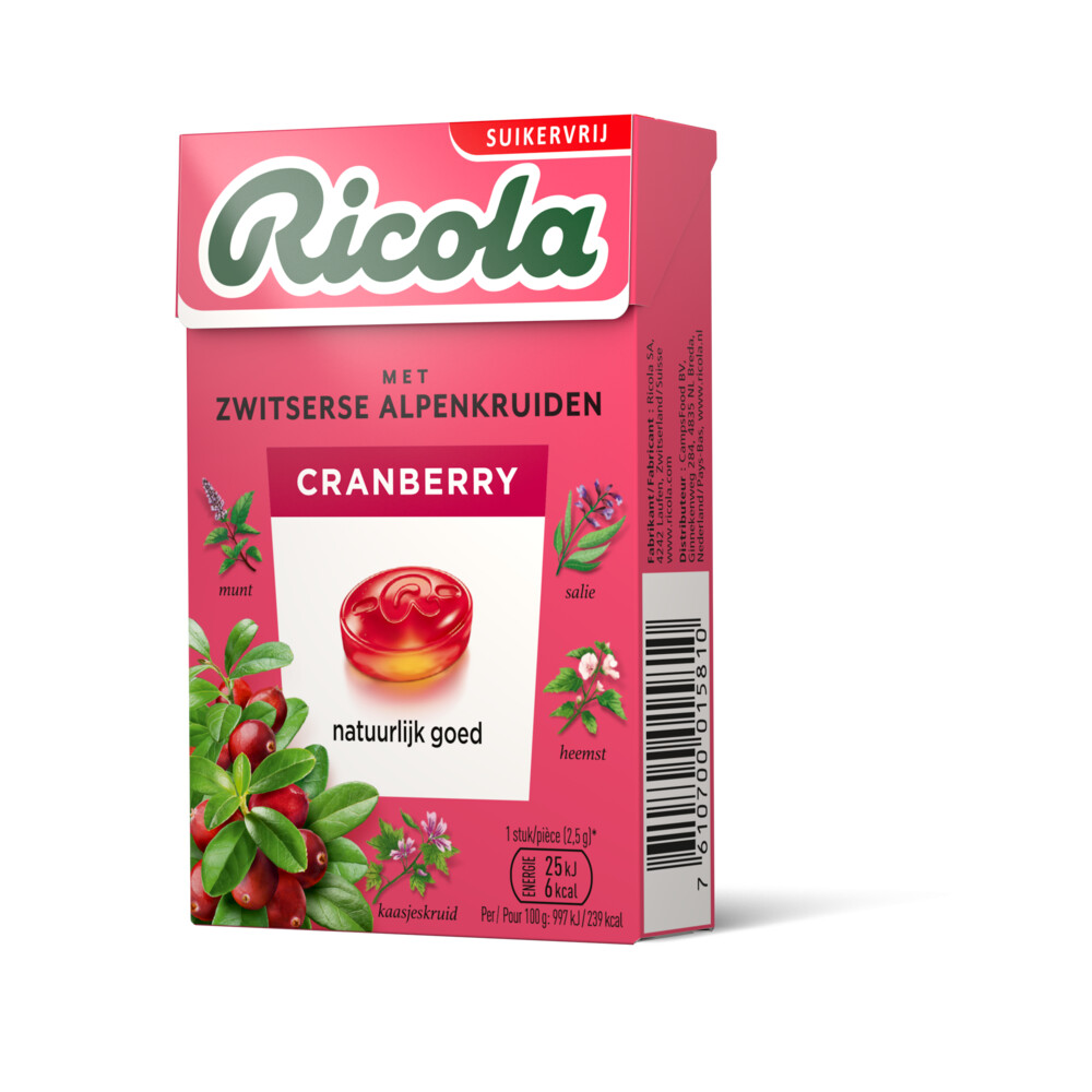 Ricola Keelpastilles Cranberry Suikervrij Doosje50 gr