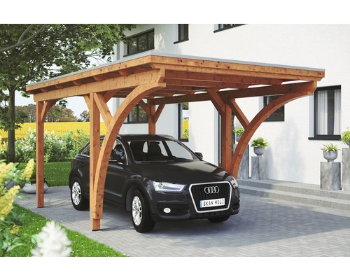 Enkele carport Konsta aluminium dakpanelen inclusief 2 inrijbogen en H-ankers 304x500 cm licht eiken