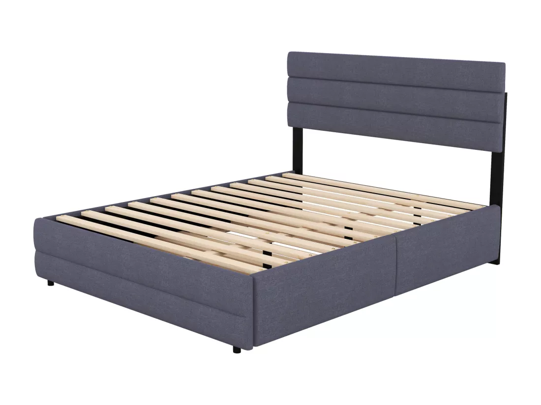 Lit adulte 140x200cm en tissu lin - avec un lit gigogne 90x190cm et 2 tiroirs - tête de lit réglable - Gris