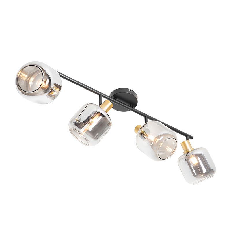 Plafondspot zwart met goud met smoke glas 4-lichts - Zuzanna