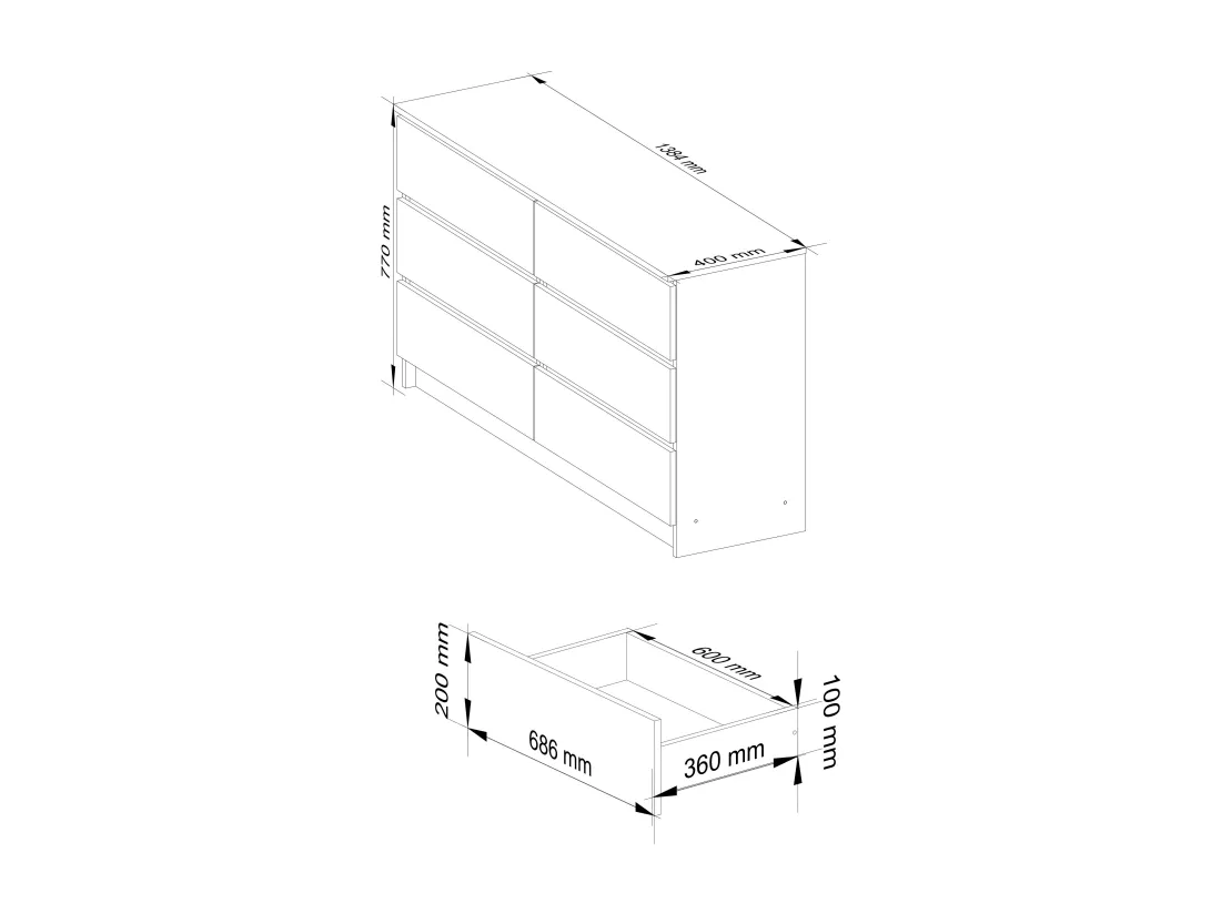 Commode AKORD K140 Blanche 138 cm 6 tiroirs façade Chêne Sonoma 138x40x77 cm