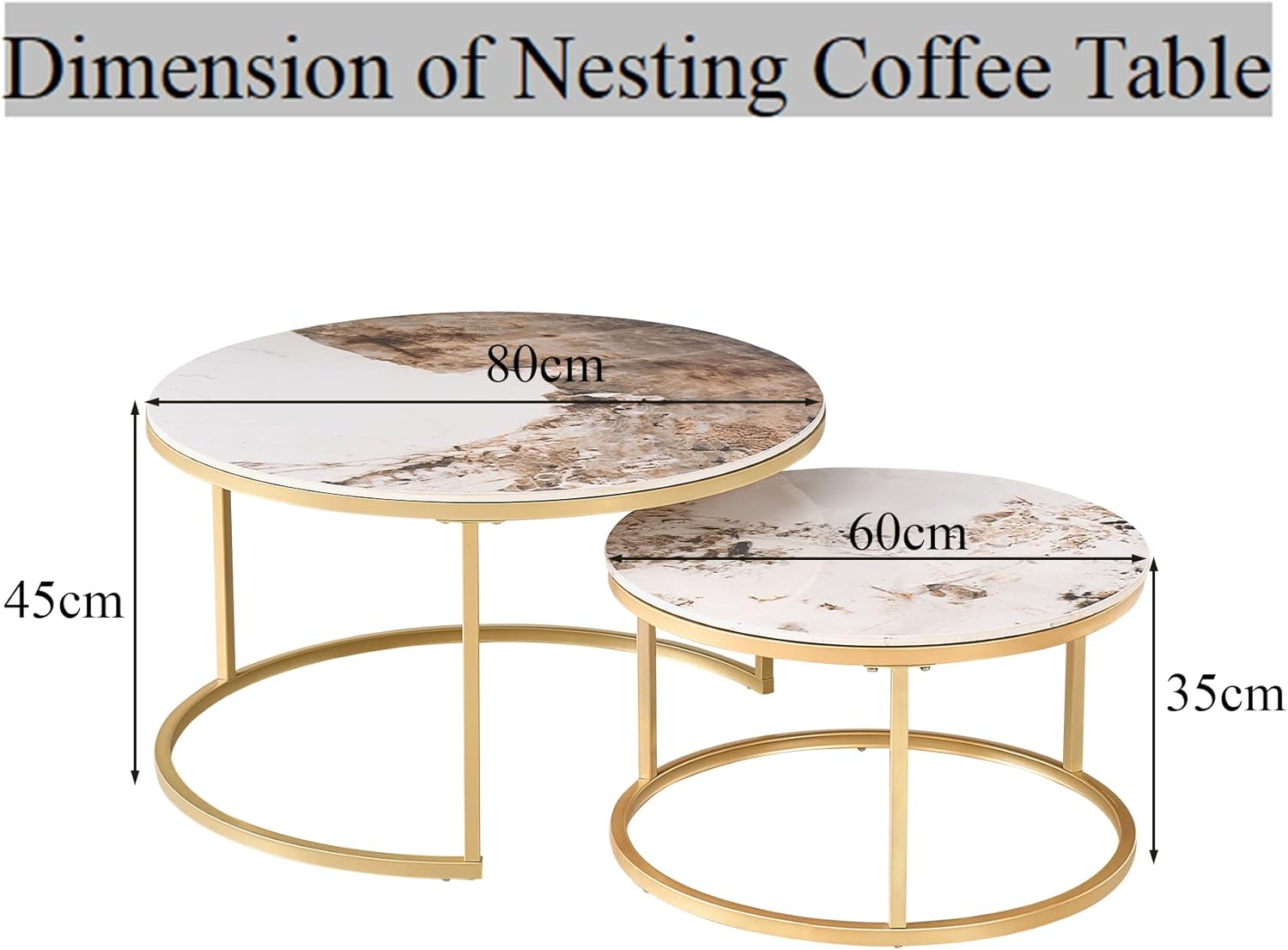 Runden Couchtisch 2er Set, Moderne Satztische mit Keramikplatte (Keine MDF-Platte), Ideal für Wohnzimmer, Schlafzimmer, Balkon und Büro (Pandora+Gold), 60+80cm
