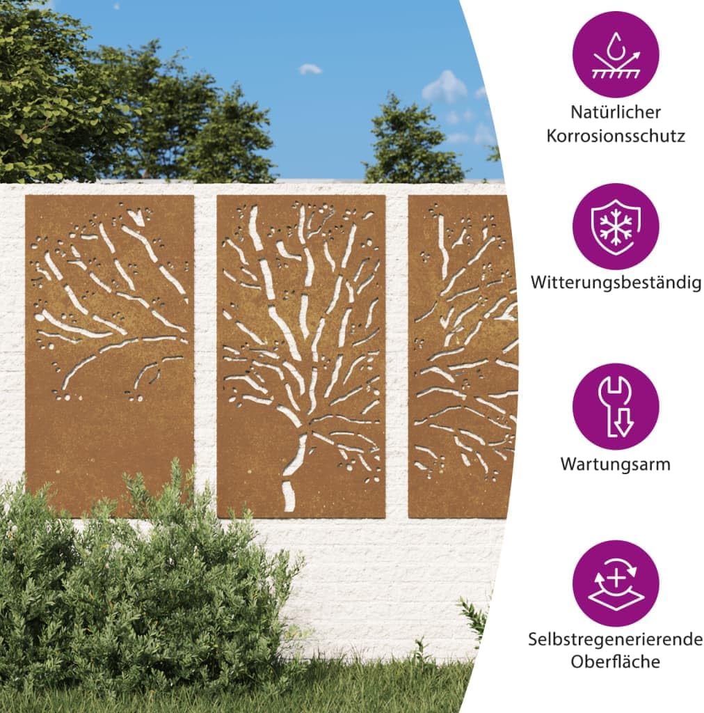 vidaXL Garten Wanddeko 3-TLG., Gartendeko mit Baum-Design, Wandbild Wandschmuck Wetterfest, Wandkunst Dekoration Wanddekoration, Cortenstahl
