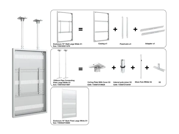 Multibrackets M Pro Series - Indelukke (fast arm, bagplade, 2 loftspladedækker, adapter, etui, 2 pæle (80 cm), 2 interne pæleled) - for LCD display - large - stål - hvid - skærmstørrelse: 75