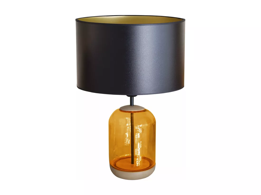 Lampe de chevet cylindre bois,verre,ambret,noir or 53 cm.