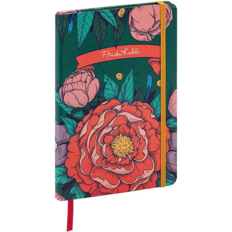 Frida Kahlo, Carnet rembordé rigide A5 14,8x21 cm, 160 pages, ligné, marque page, fermeture élastique, ass.