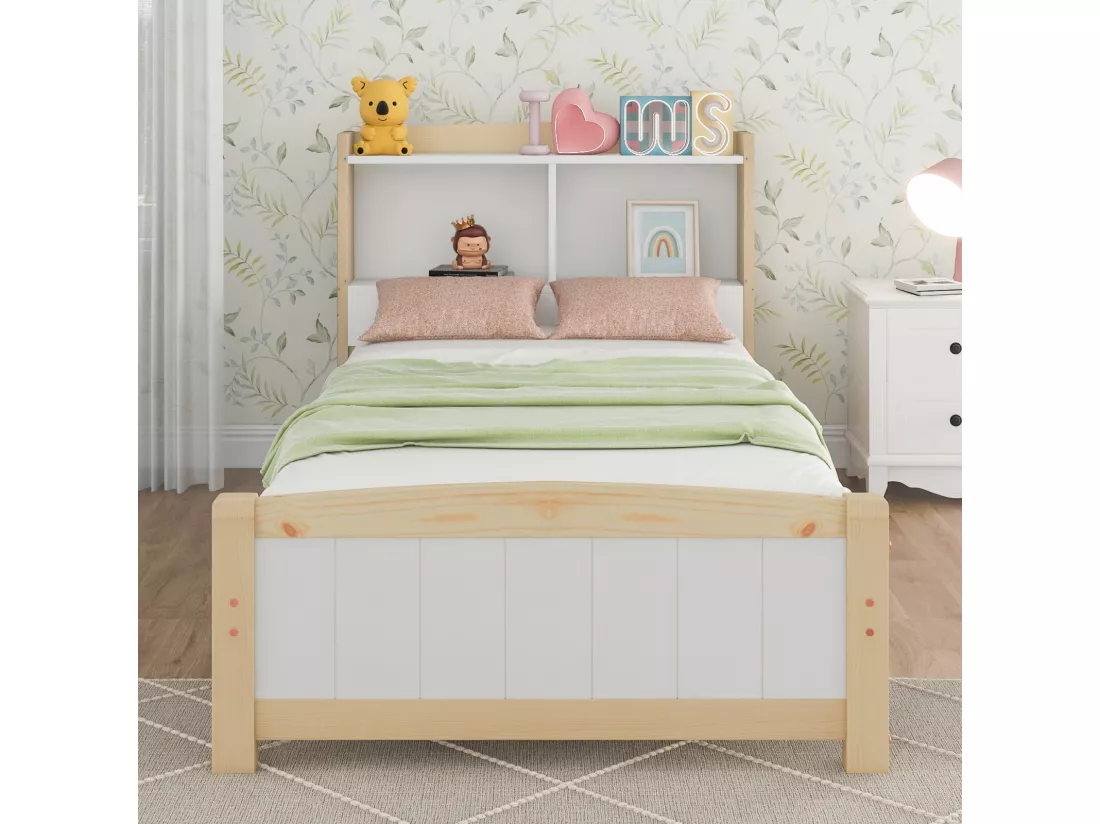 Lit avec tête de lit rangements et matelas - 90x200cm - en bois massif - lit 1 place - Blanc et Naturel