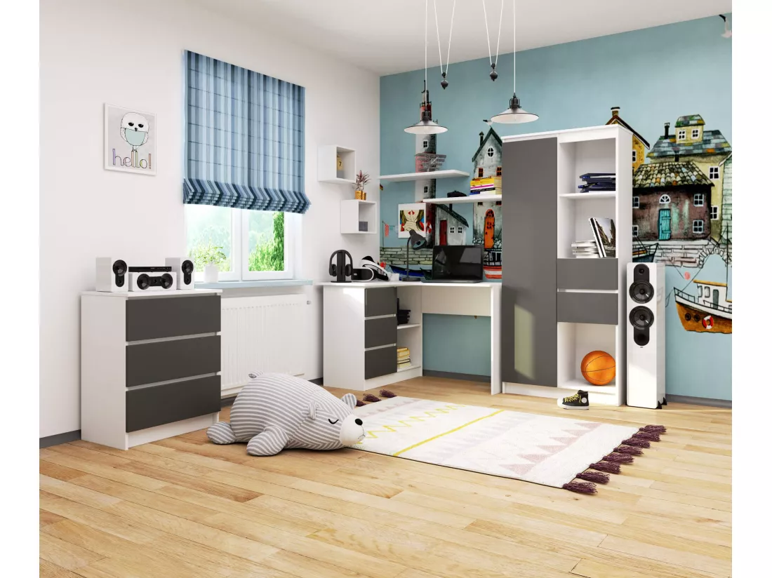 Bureau AKORD d'angle gauche B16 Blanc 124 cm 3 tiroirs façade Gris Graphite 2 étagères 124x85x77 cm
