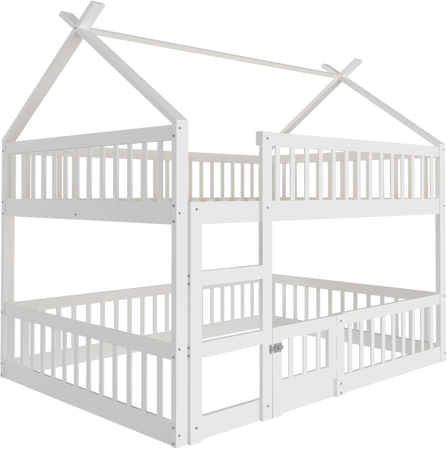 Merax Etagenbett 140 x 200 cm, Multifunktionales Etagenbett Kinderhaus mit Treppen, Vollholzrahmen, Weiß (ohne Matratze)