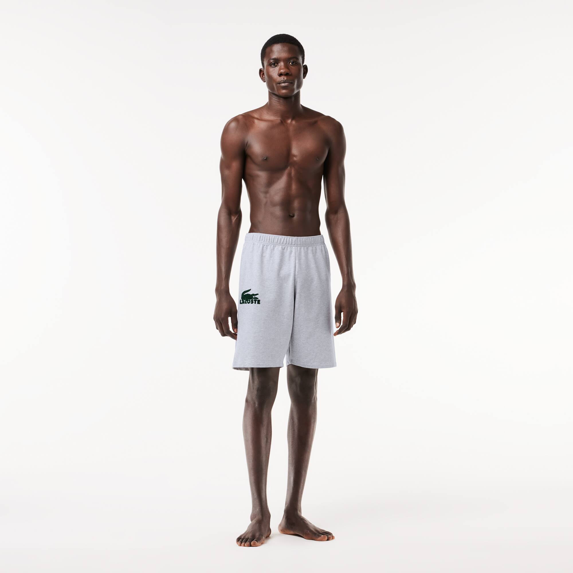 Herren-Shorts aus Baumwollfleece mit Velours-Krokodil Loungewear - Grau - Lacoste - Herren