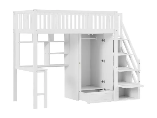 Lit mezzanine 90x200 avec grande armoire étagère et table espace de rangement escalier lit polyvalent blanc