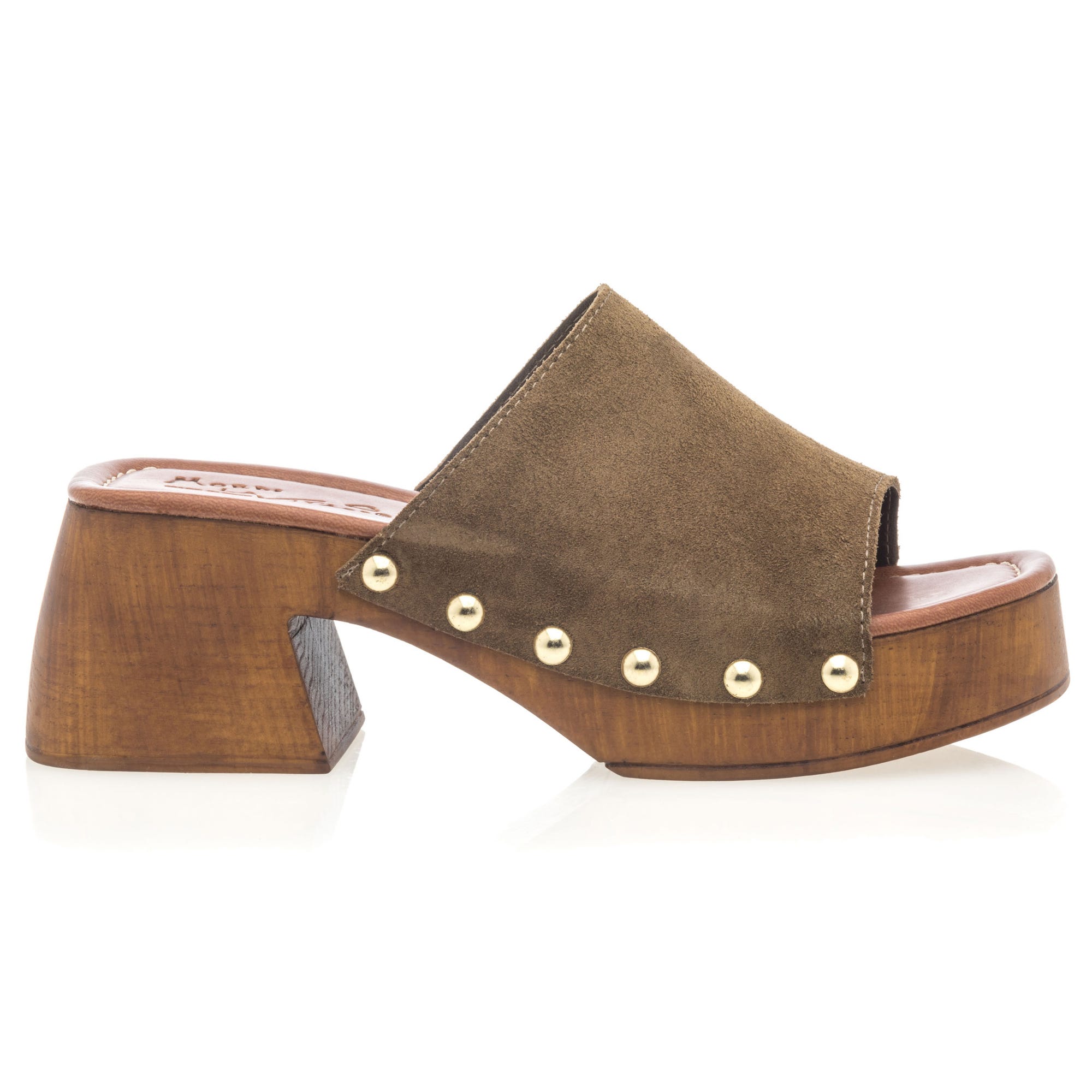 Chaussures semelle bois à talon compensé Femme en cuir kaki