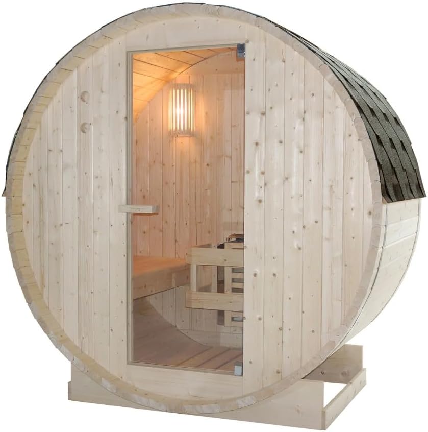 SANOTECHNIK Outdoor Fasssauna TROMSÖ M – 2 Personen Gartensauna aus Fichtenholz, Harvia Saunaofen 3,6 kW, ESG-Glas, Asphaltdach, 189×120×191,5 cm, F50120