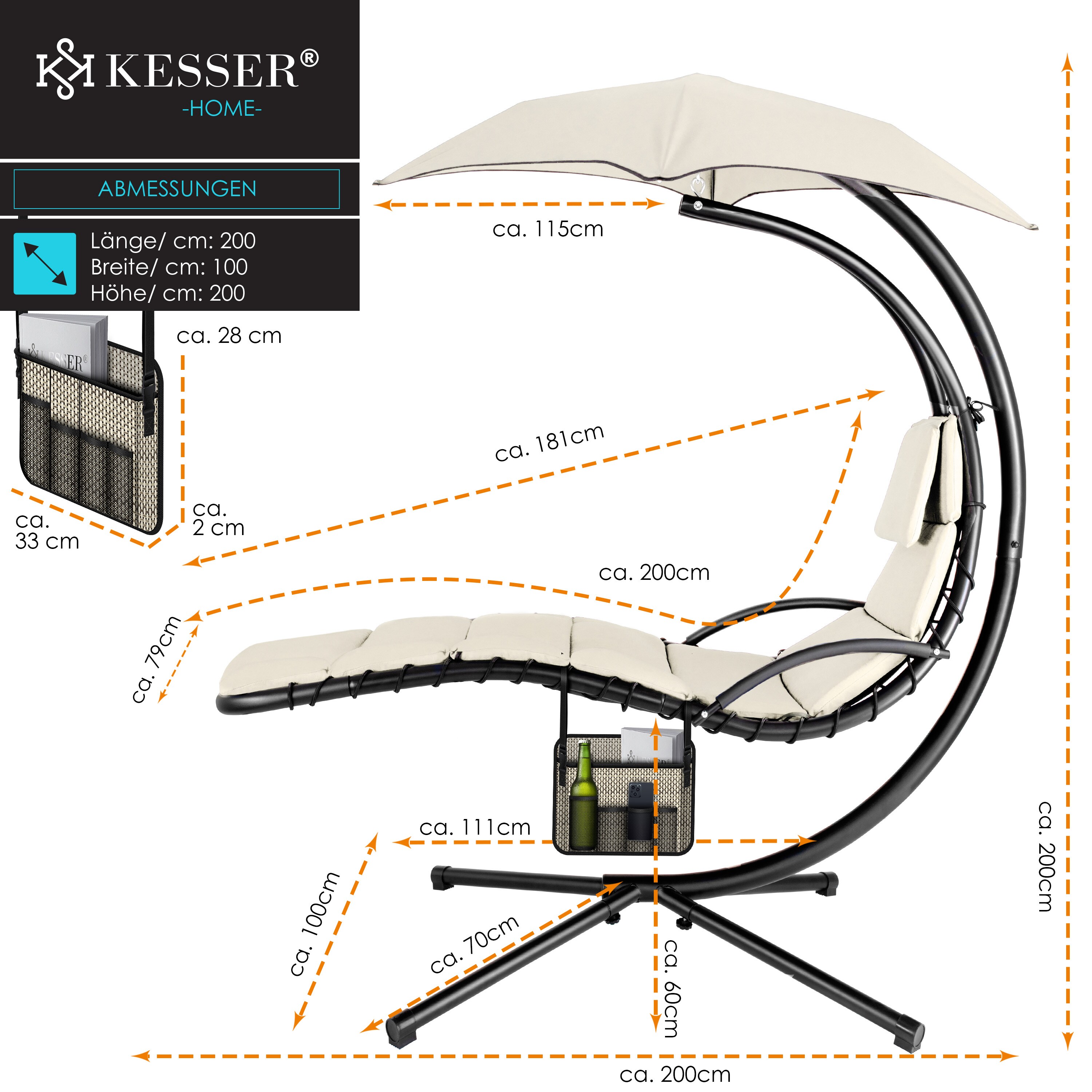 KESSER® Schwebeliege mit Sonnenschirm, Hängeliege , Sonnenliege H200, L194, B100 cm, Relaxliege, Schaukelliege Hängematte , bis 120 kg belastbar , Schaukelliege, Auflagen - Nackenkissen