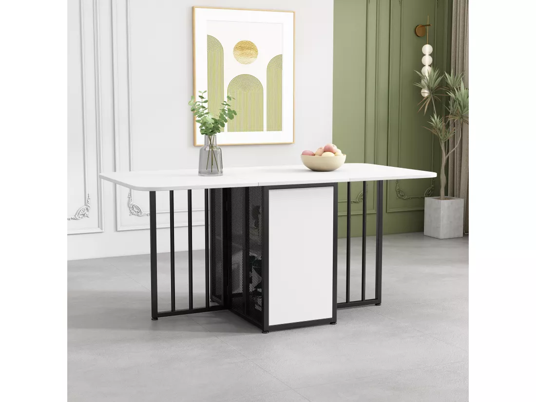 Table à manger extensible 2 à 6 couverts avec étagères de rangement - Panneau de particules et métal - blanc + noir
