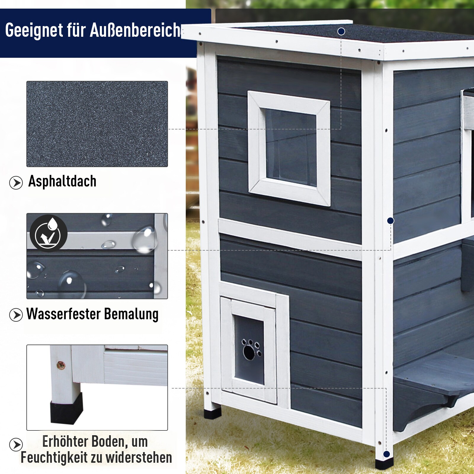 PawHut Katzenvilla mit 2 Etagen grau, weiß 51 x 51 x 81,3 cm (LxBxH)