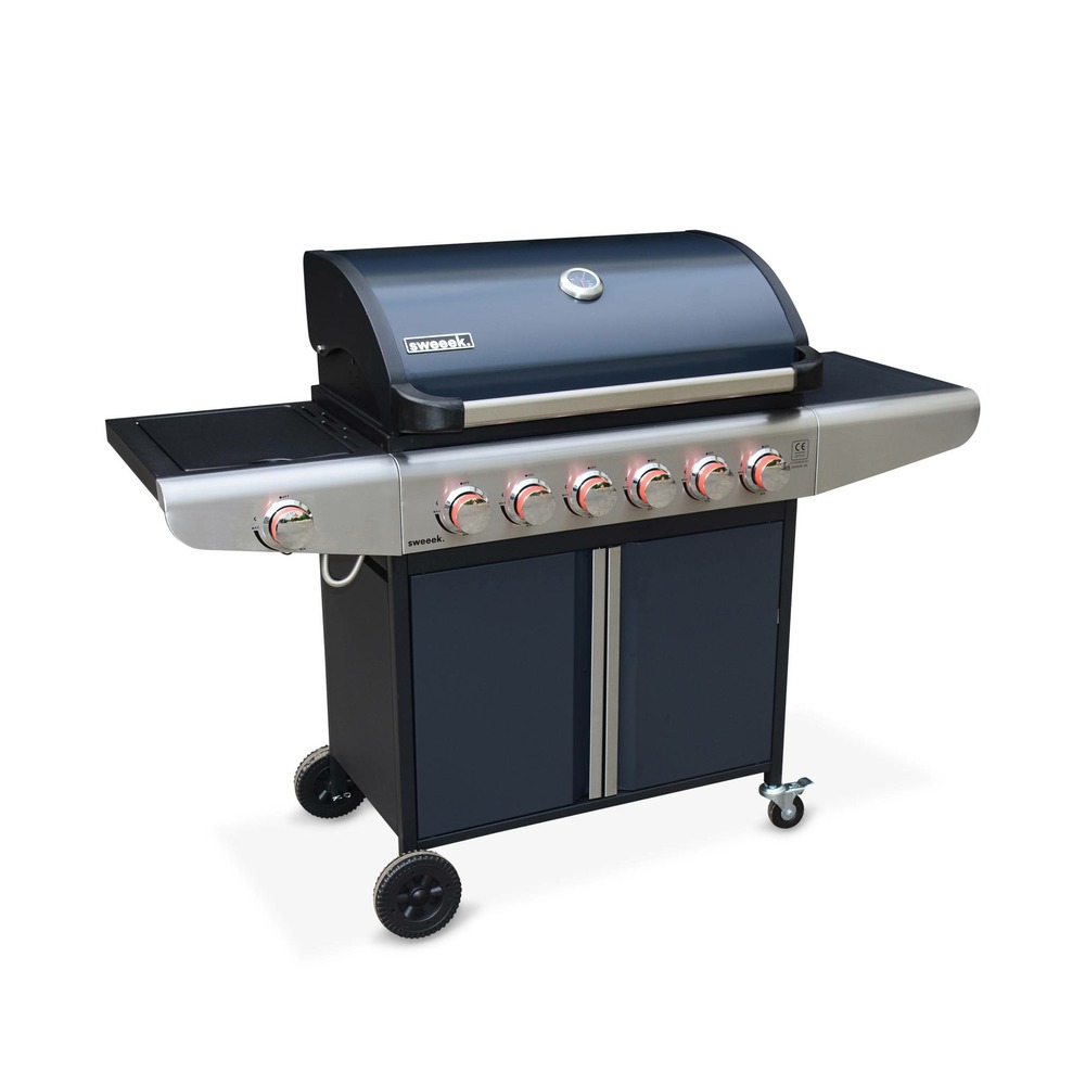 Barbecue au gaz - gris anthracite - cuisine extérieure 7 brûleurs dont 1 feu latéral avec tablettes et thermomètre. Rangement.