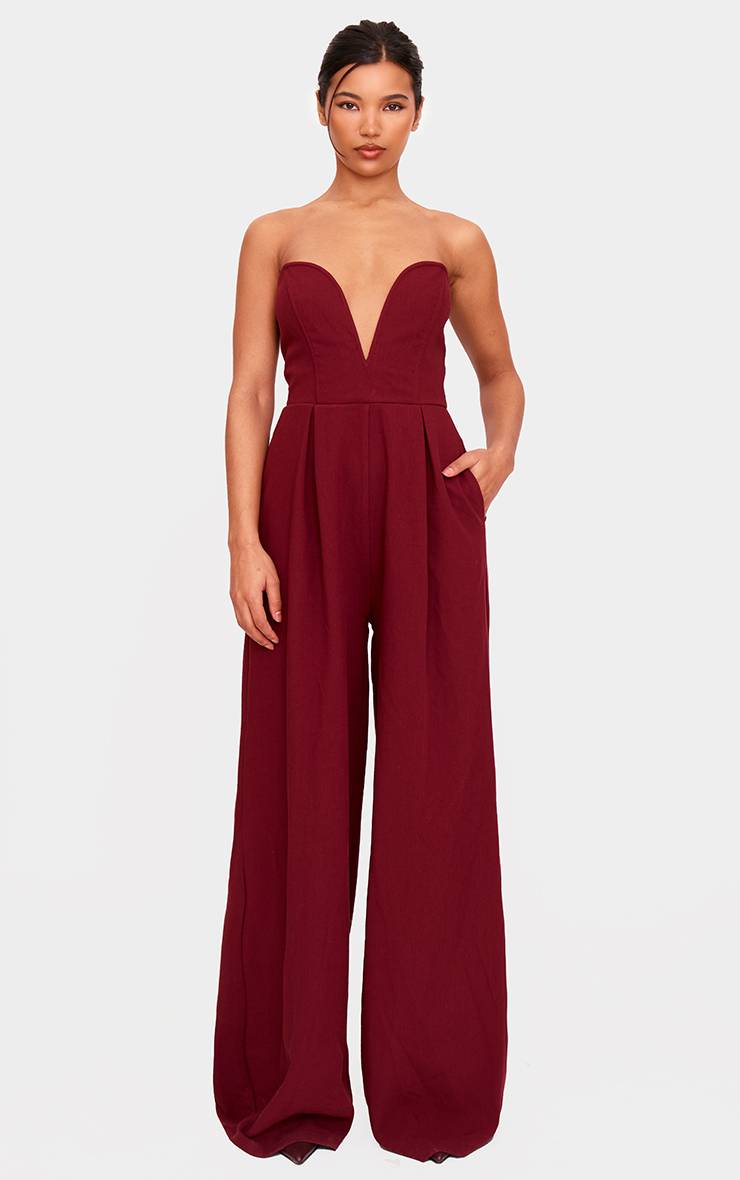 Rouge Bordeaux Combinaison Plt Label À Jambes Larges Et Décolleté Plongeant