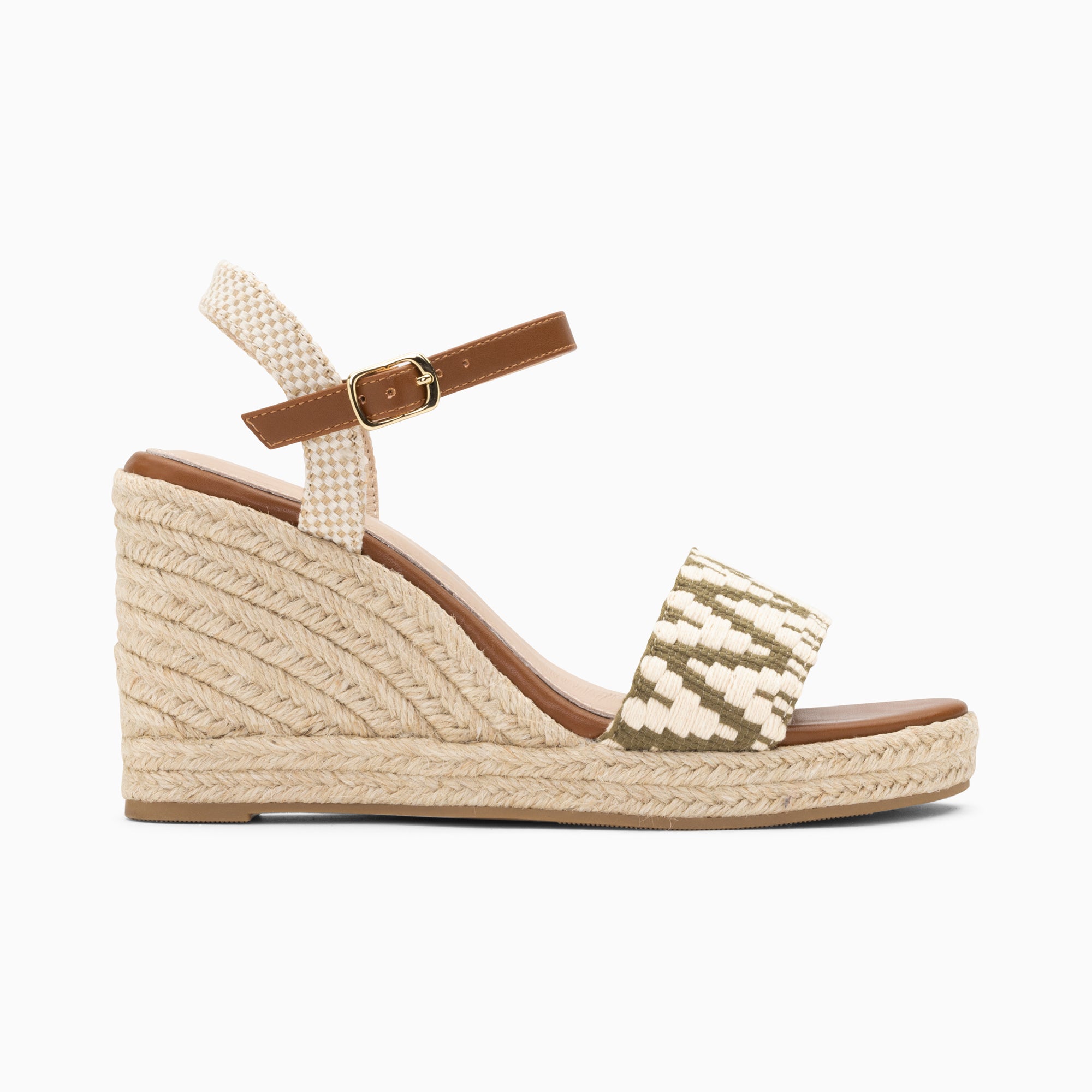 Sandales à talon, Compensées-Sandales compensées Malvina kaki en tissu jacquard