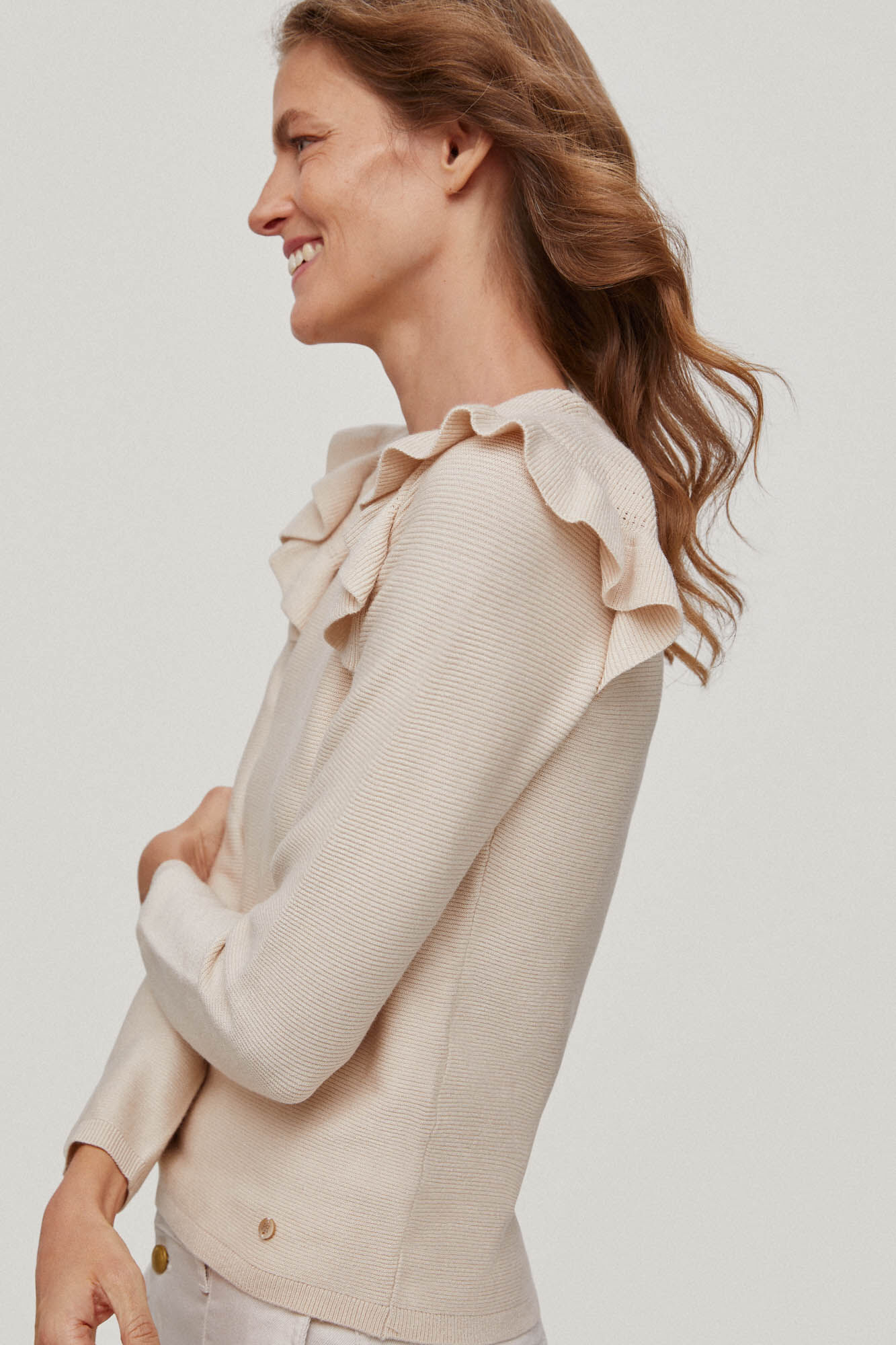 Blusa de malha com ombros franzidos - Branco-creme