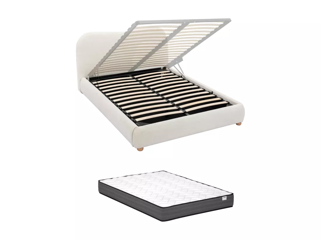Lit coffre 160 x 200 cm - Tissu bouclette - Blanc + Matelas - VANARI