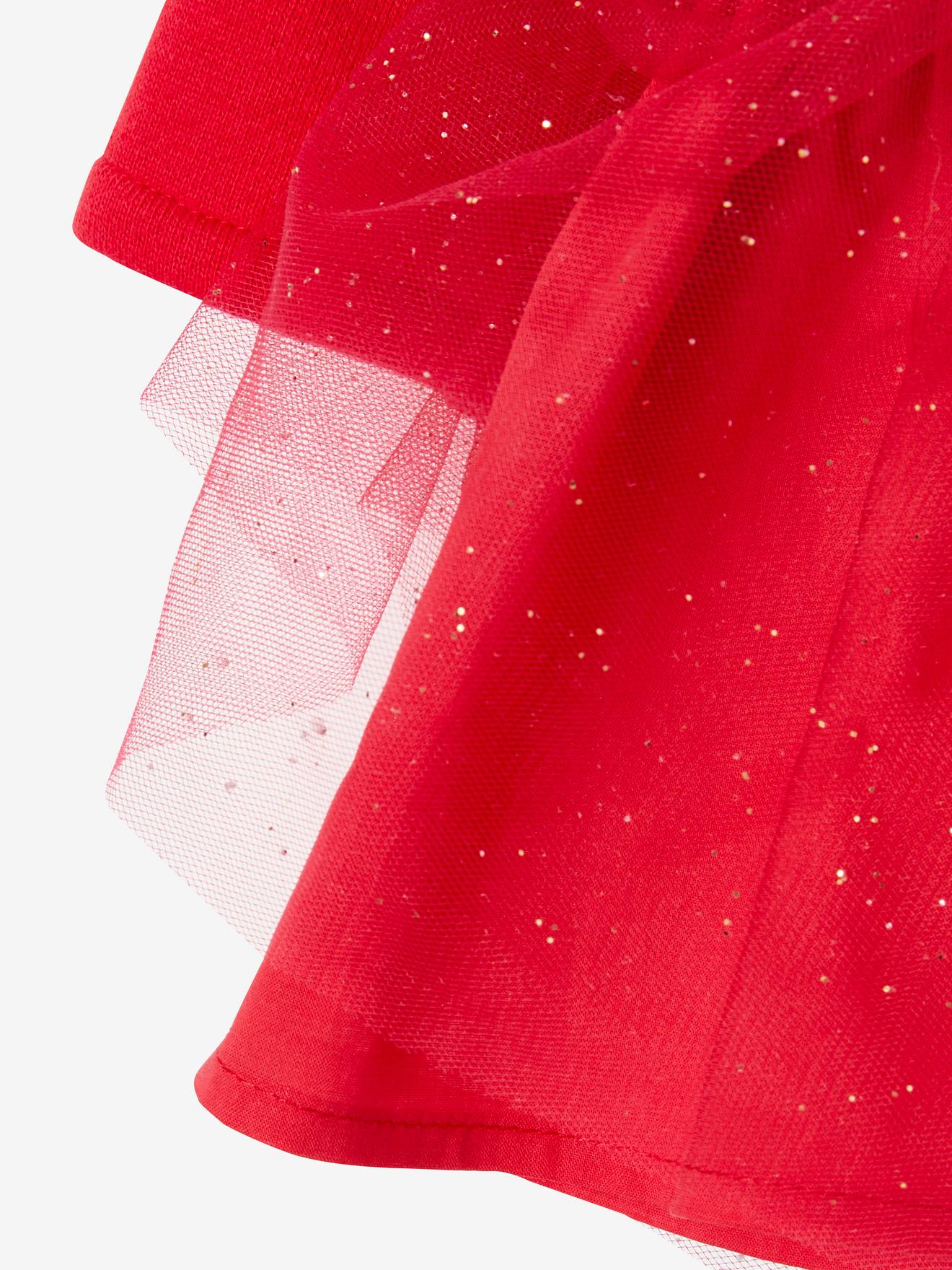 Vestido de festa 2 em 1, tiara e meia-calça, vermelho bebê escuro liso com estampas.
