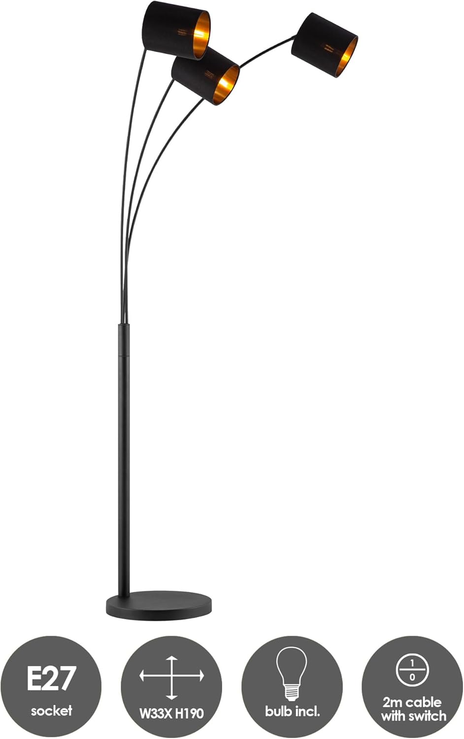 Home Sweet Home moderne Bogenlampe | Schwarz-goldene Stehlampe mit Schirm | Höhe 190 cm | Mit 3xE27 9W 2700K LED-Glühbirne | Industrielle Wohnzimmer-Stehlampe