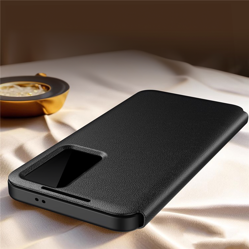 Samsung Galaxy S22 5G Leder Hülle Small Window View Flip Case Litchi Look - Schwarz