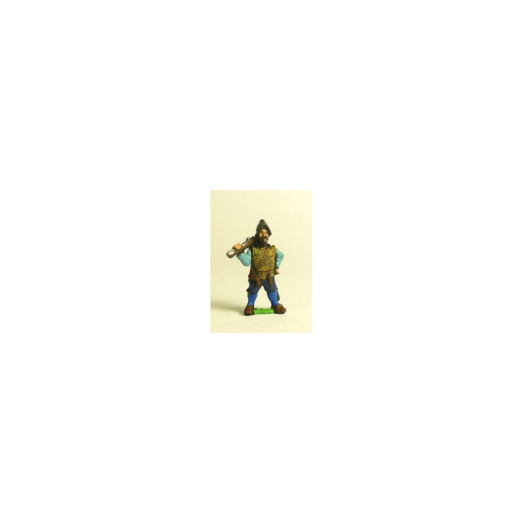 Spanish & English 1559-1605AD: Musketeer in Morion with shouldered Arquebus