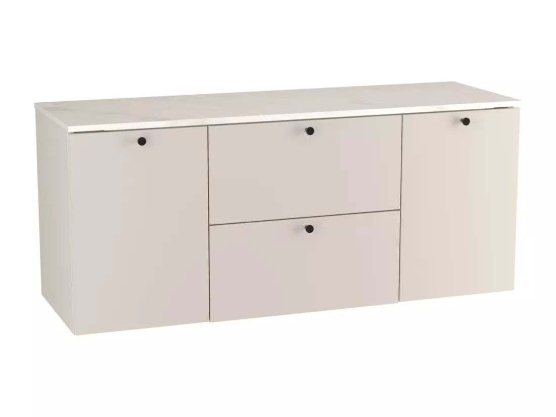 Meuble lavabo WENA, avec 2 portes et 2 tiroirs, fronts lisses, avec panier à linge, Beti, 140x60x47 cm, Cachemire/Marbre Bianco