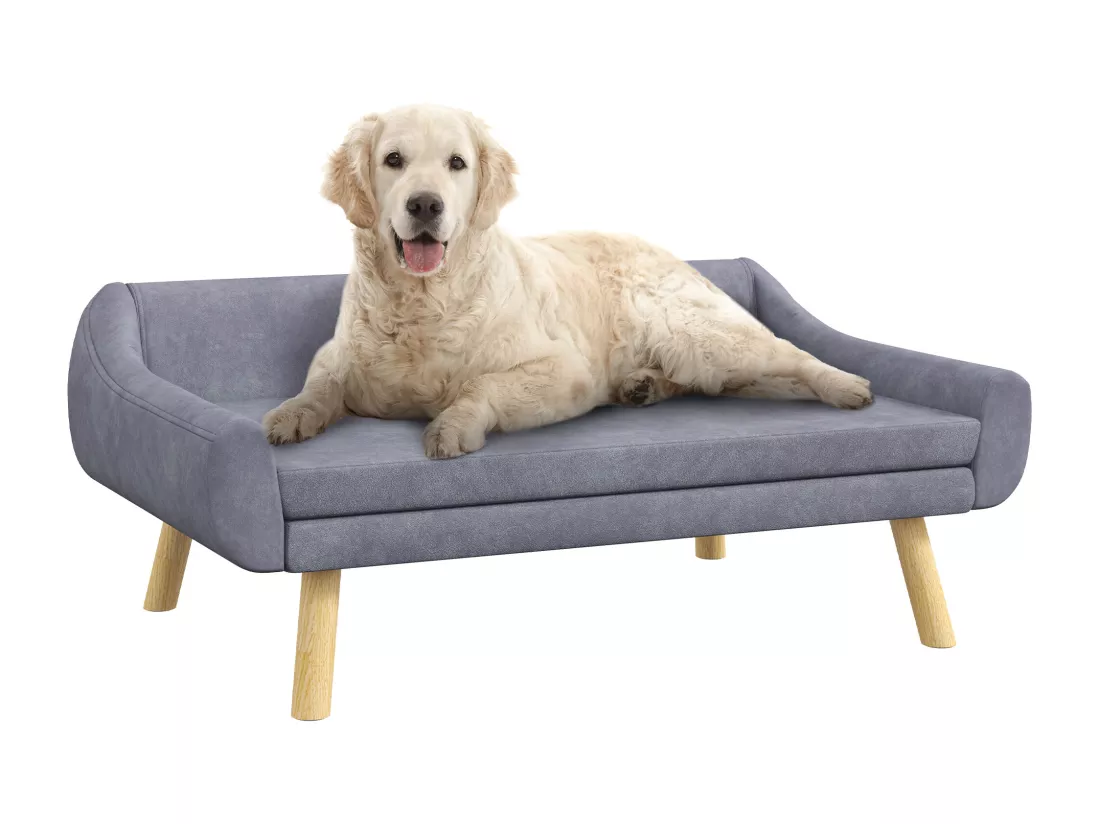 Canapé chien lit pour chien design scandinave - coussin moelleux déhoussable, pieds bois - velours gris