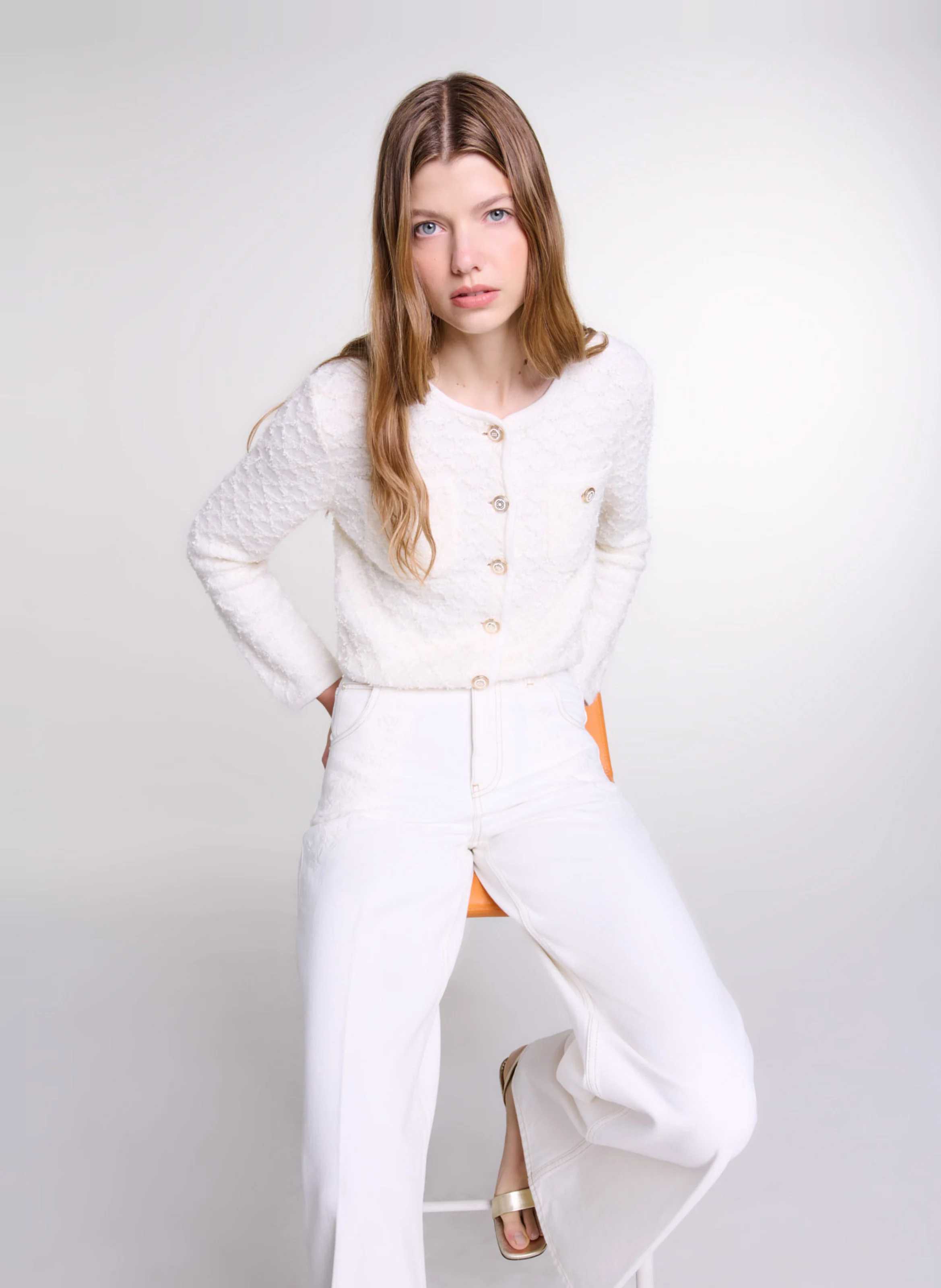 Cardigan col rond droit en maille | Beige
