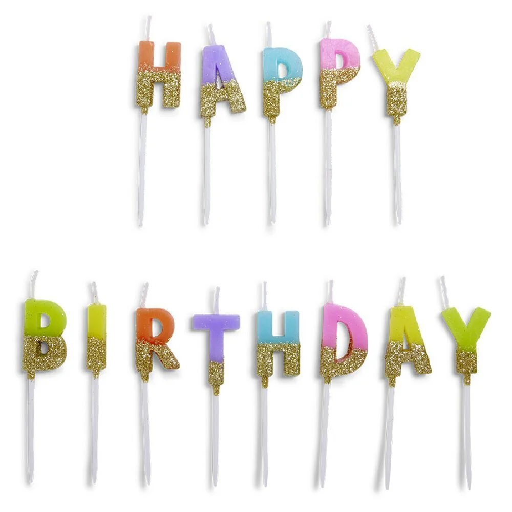 Bougie anniversaire lettres Happy Birthday multicolore et doré