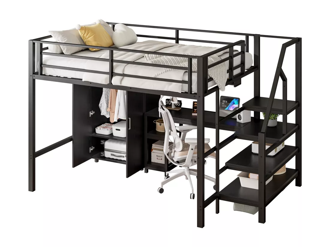 Lit mezzanine 140x200 cm en métal - avec bureau、penderie et échelle de rangement - Noir