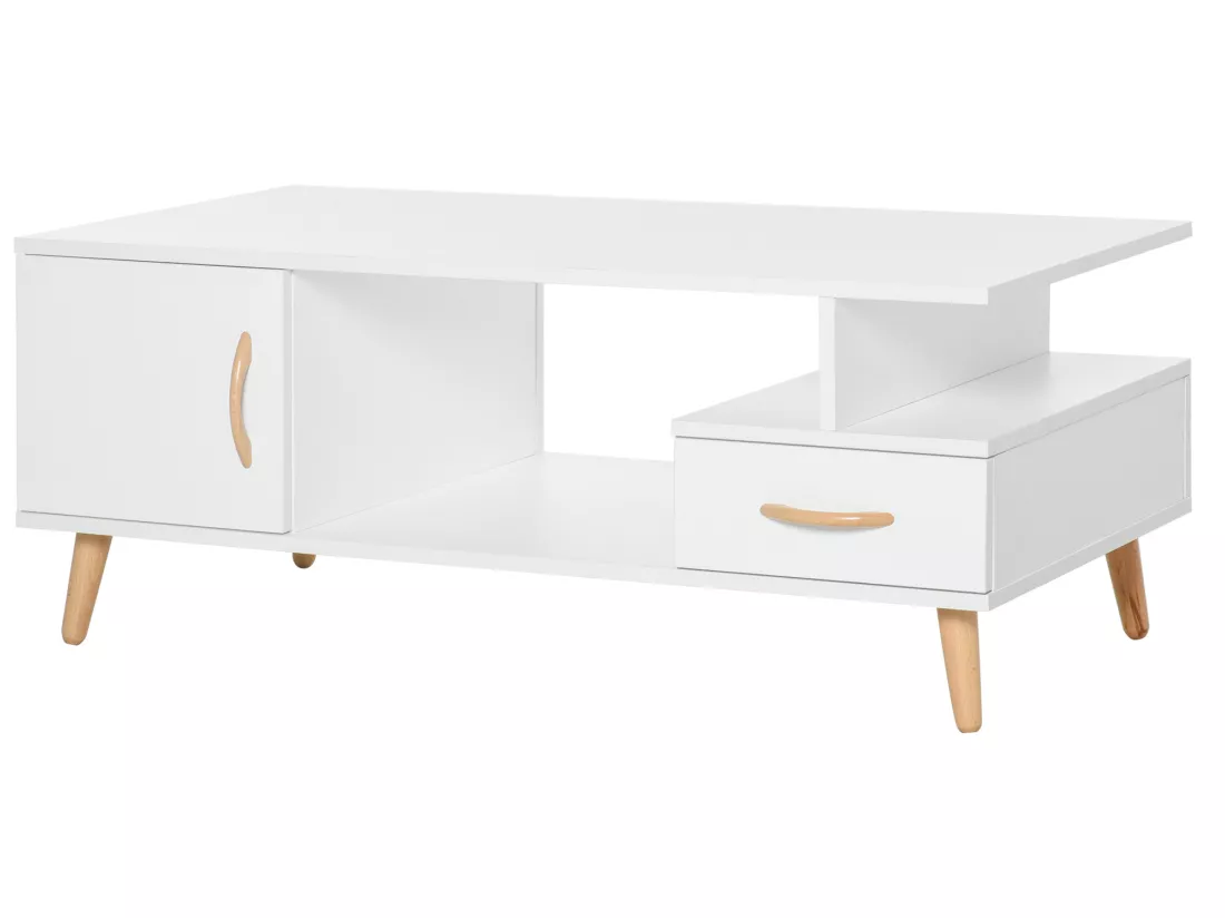 Table basse rectangulaire design scandinave 100L x 50l x 40H cm niche + tiroir & placard bois massif pin panneaux particules blanc