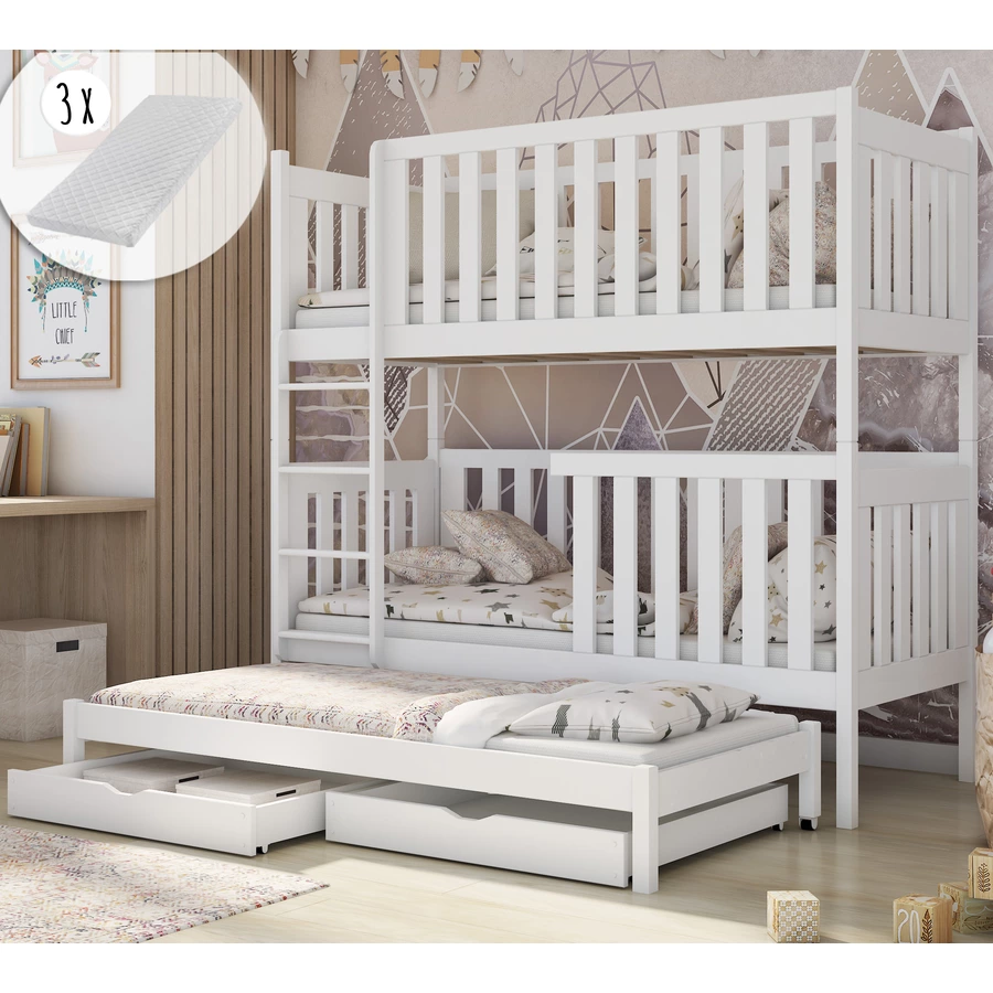 Kids Collective Hochbett 80x180 | 90x200 mit Ausziehbett Etagenbett mit Ausziehfunktion, Schubladen weiß mit 3 Matratzen