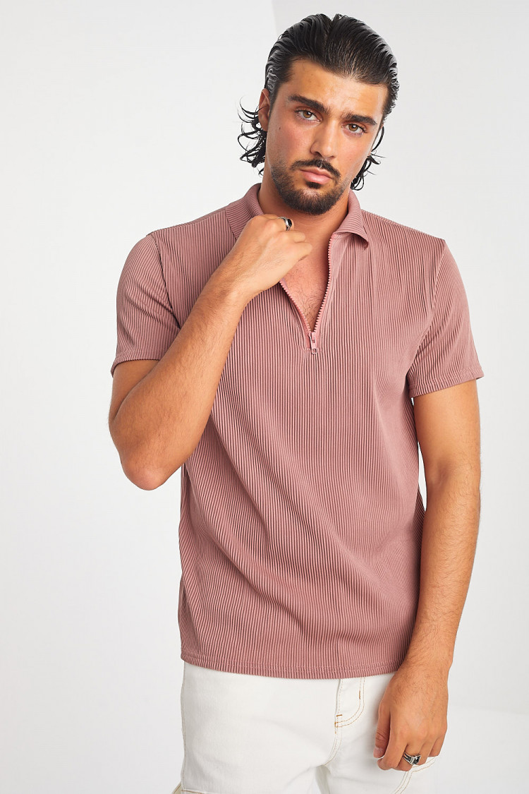 Polo plissé col à fermeture éclair vieux rose