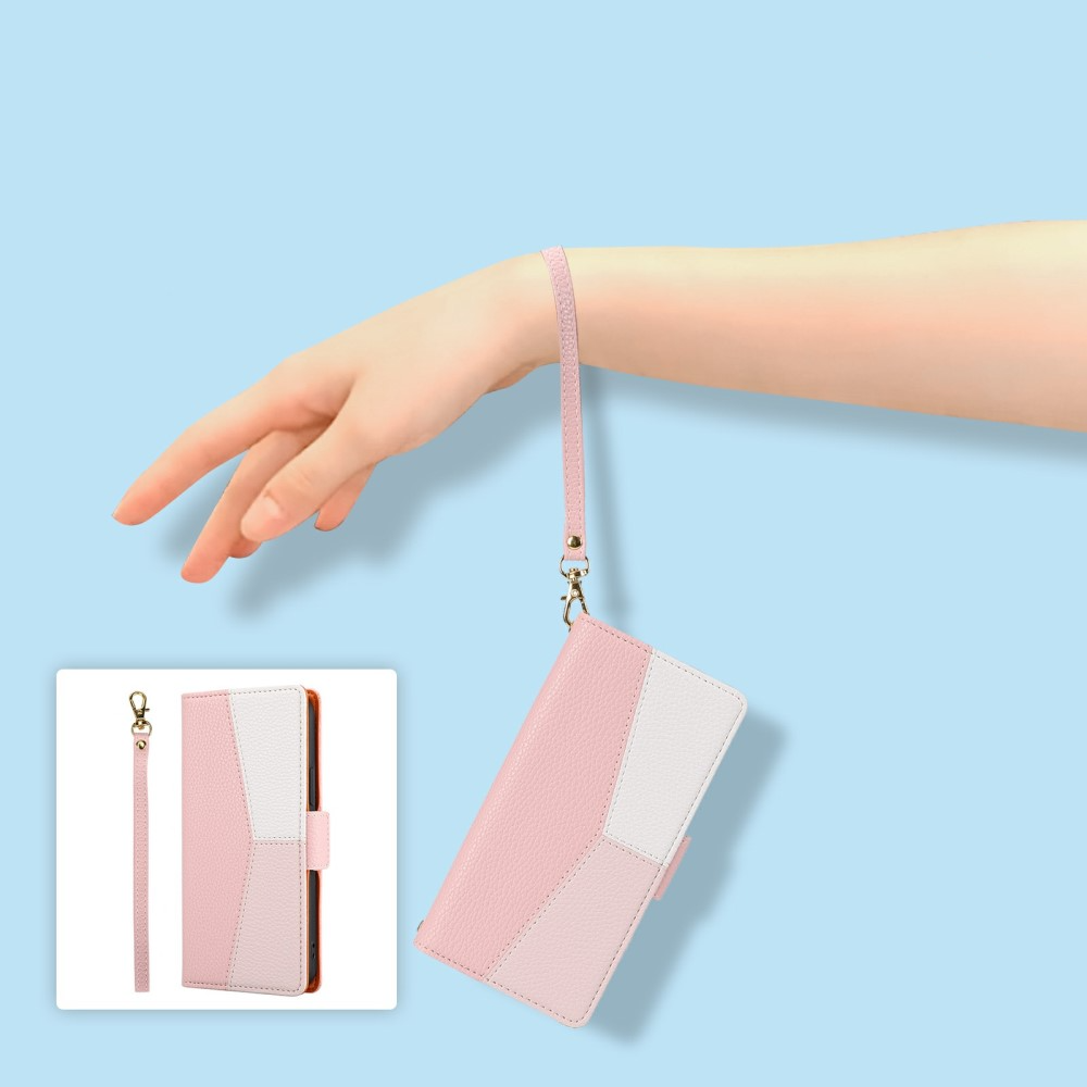 iPhone 12 / iPhone 12 Pro Leder Tasche Flip Cover Litchi Look mit Kartenfächern Geometrisches Design - Rosa / Weiss