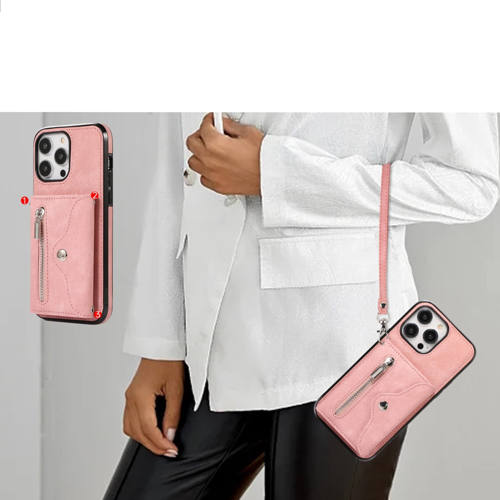 iPhone 14 Pro Necklace Leder Schutz Hülle mit Kartenfächer   Handykette (RFID Schutz) - Rosa