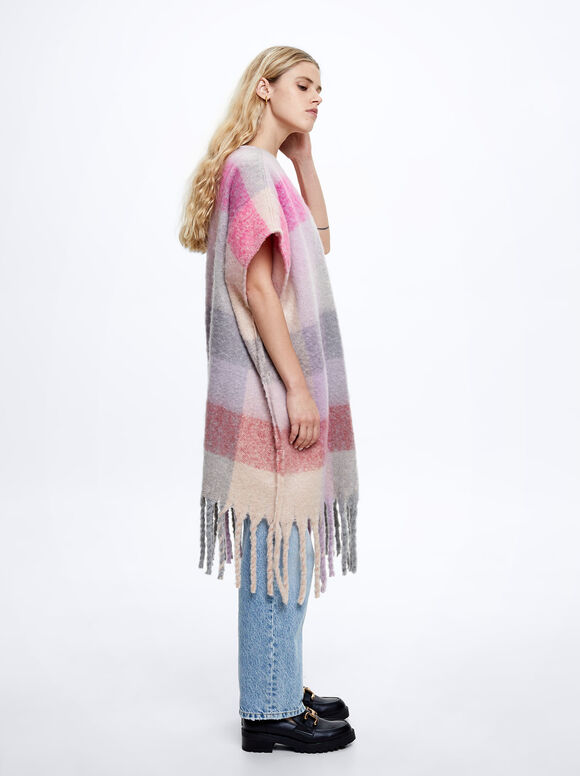 Poncho listrado com franjas - Rosa