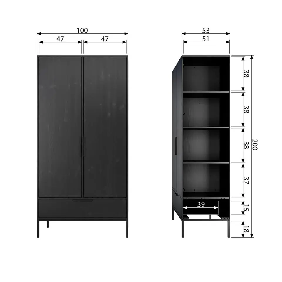 WOOOD Adam Kast 2-deurs - Grenen - Zwart - 200x100x53