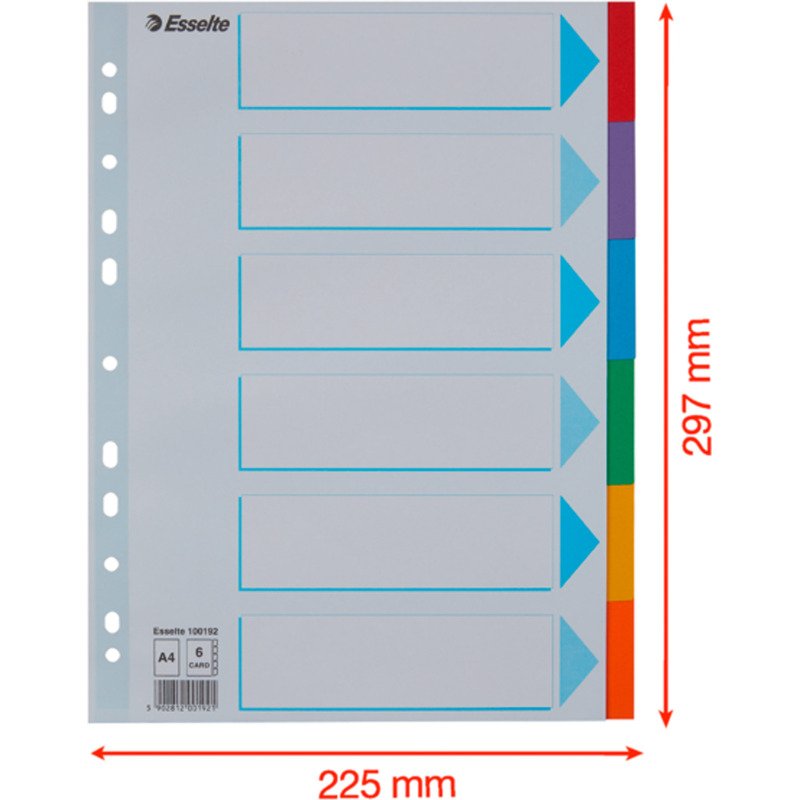 Intercalaires A4 carte colorée Esselte 6 onglets - 1 jeu