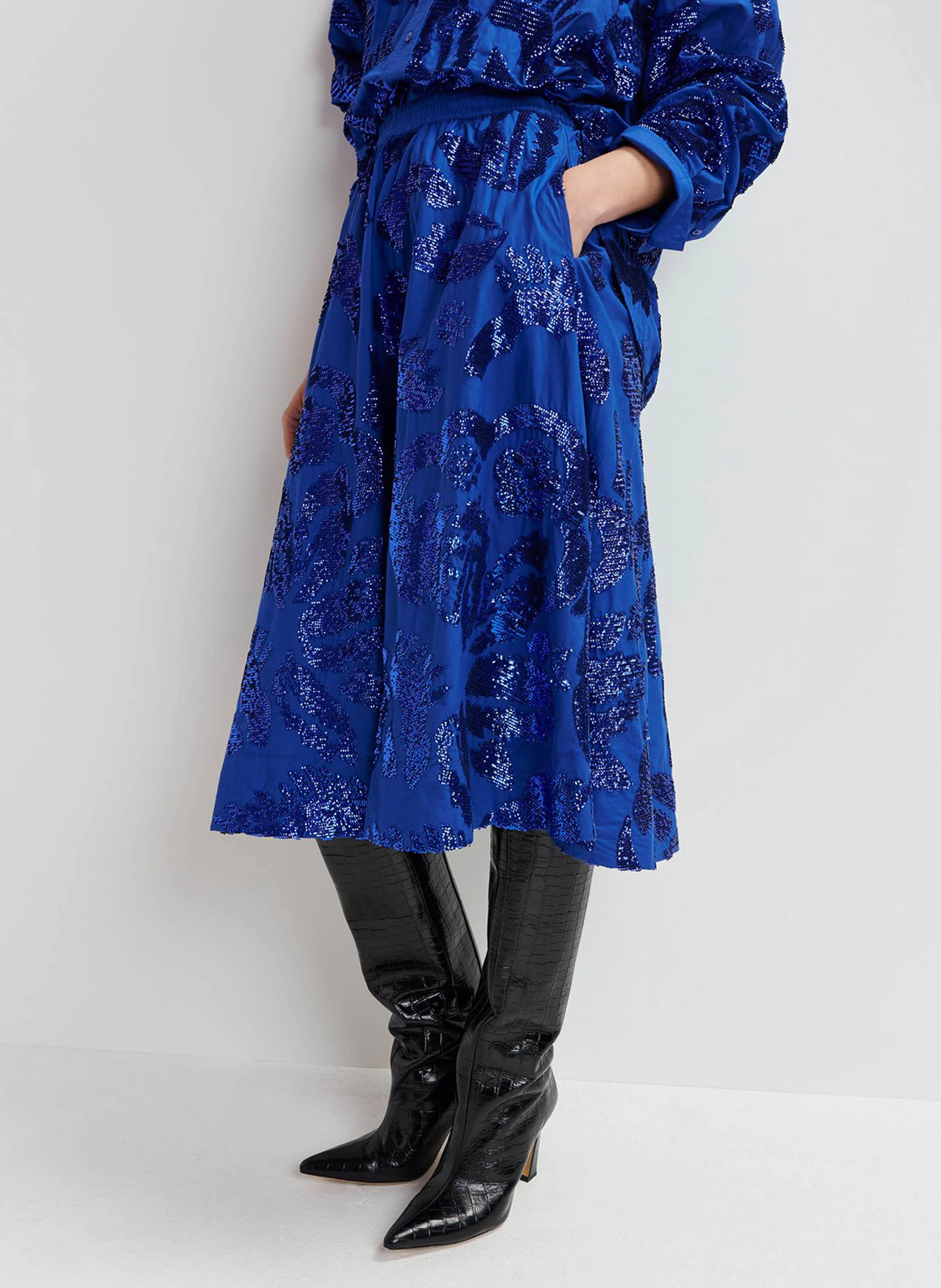 GATSBY - Jupe mi-longue en coton à paillettes | Bleu