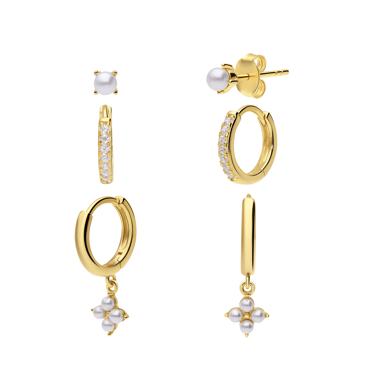 Zilveren goldplated set 3 oorbellen parel