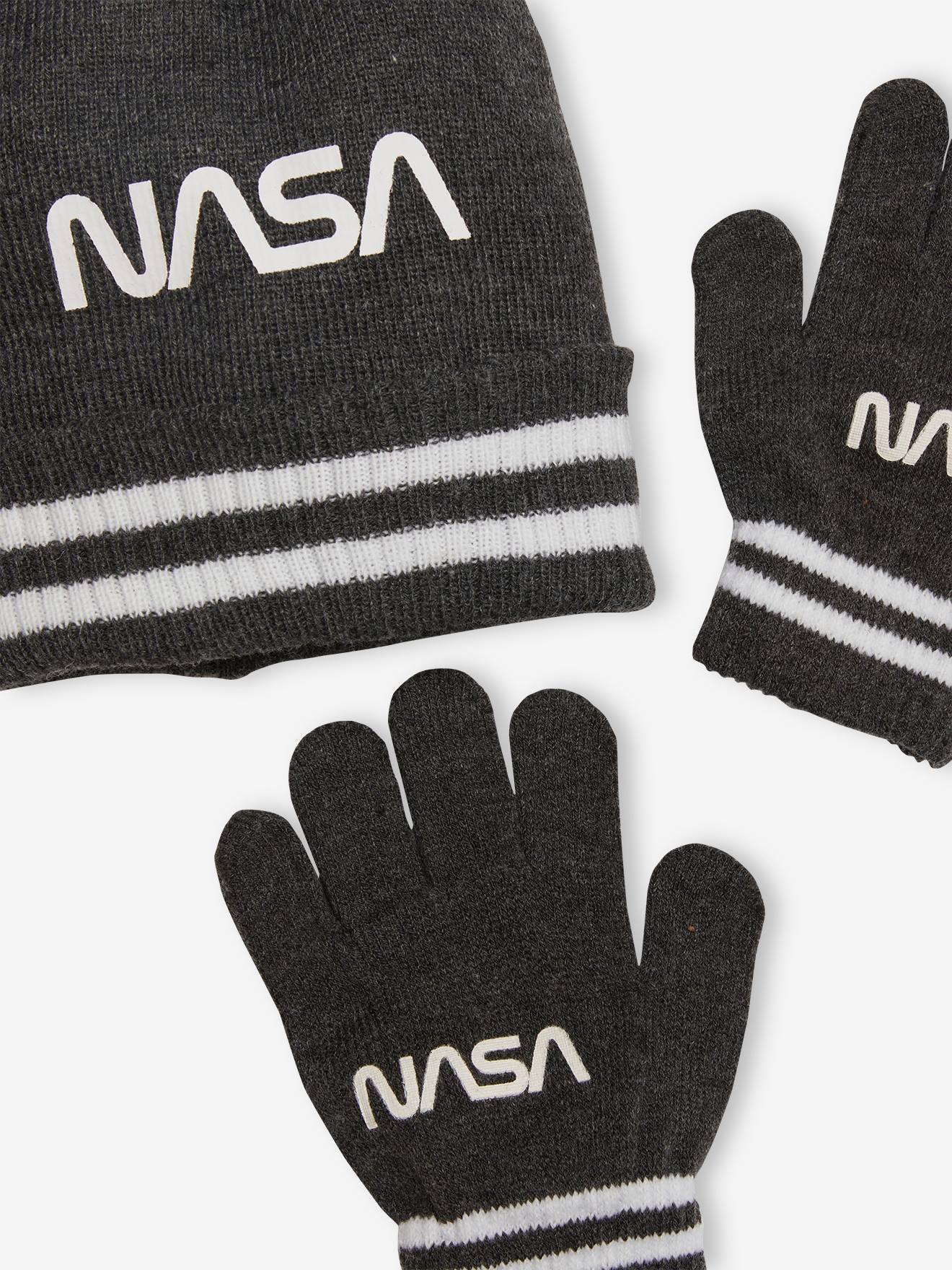 Conjunto de gorro e luvas da NASA®, cinza escuro liso com estampas.