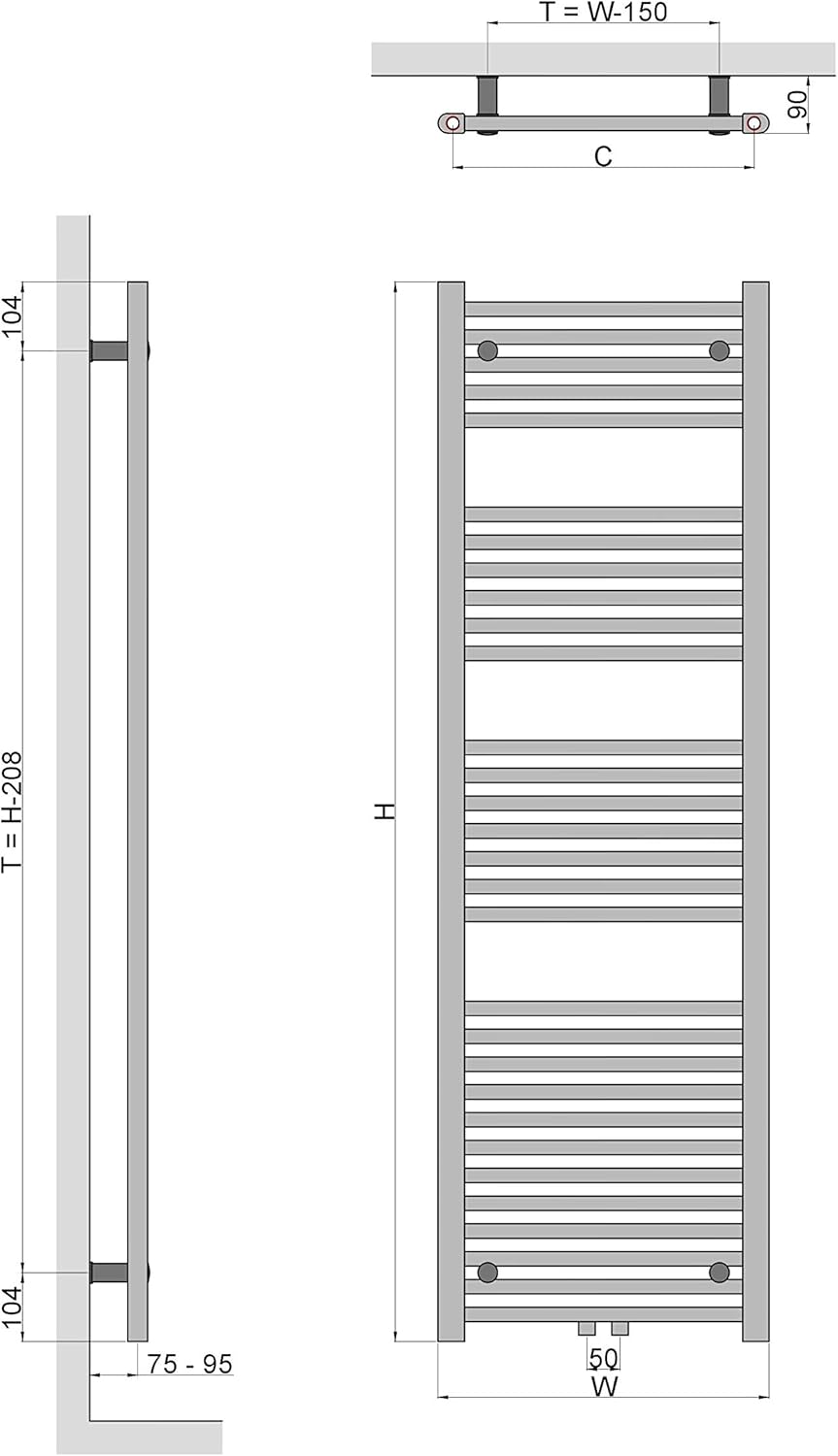 MC Heat Premium Badheizkörper (700x1800 mm Weiß) - Handtuchheizkörper - Handtuchwärmer mit Mittelanschluss