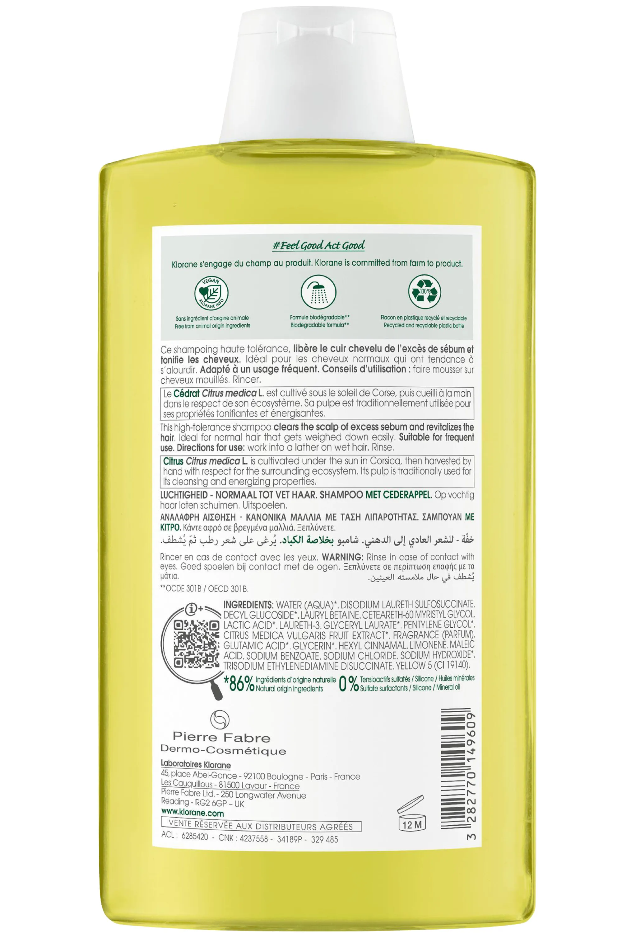 Klorane Shampoing au Cédrat pour cheveux normaux à gras-400 ml